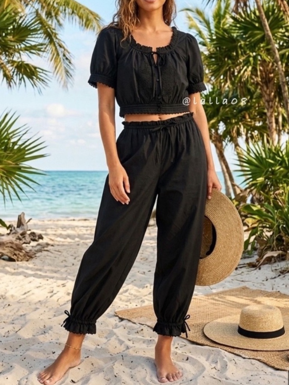 NWT House of Harlow 1960 Black Embroidered Two Piece Crop Top & Drawstring Pants